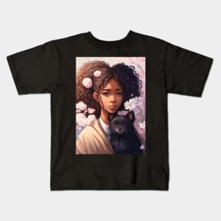 Floral Cute Anime black girl with her cute black dog Kids T-Shirt